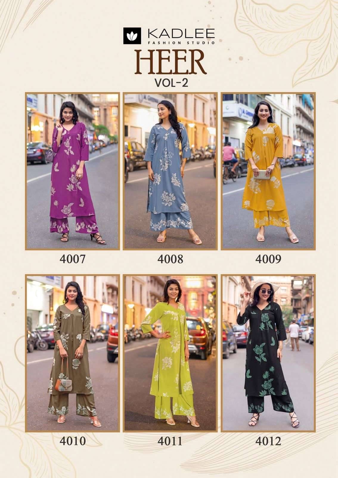 Heer Vol 2 By KADLEE 4007 To 4012 Series Beautiful Festive Suits Colourful Rayon Print Co-ord sets At Wholesale Price